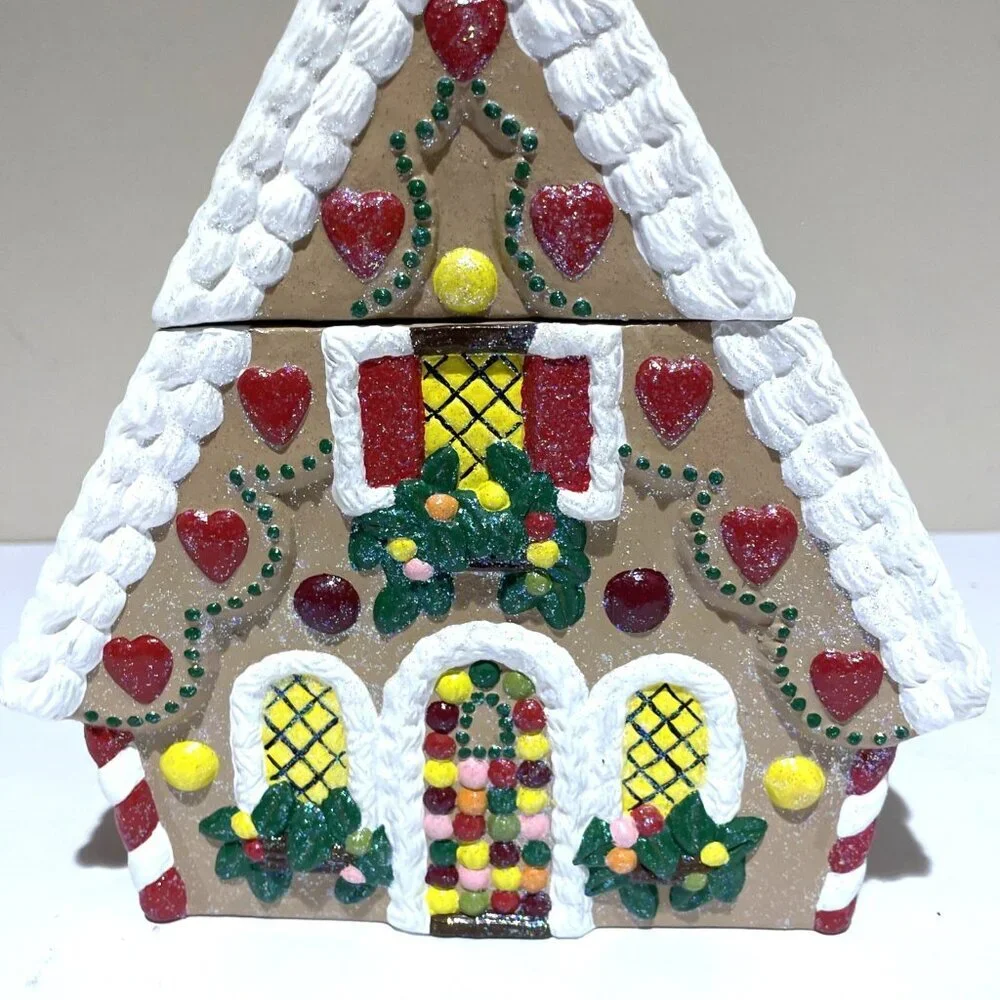 Vintage Handcrafted Gingerbread House Cookie Jar Canister Colorful Glitter 9
